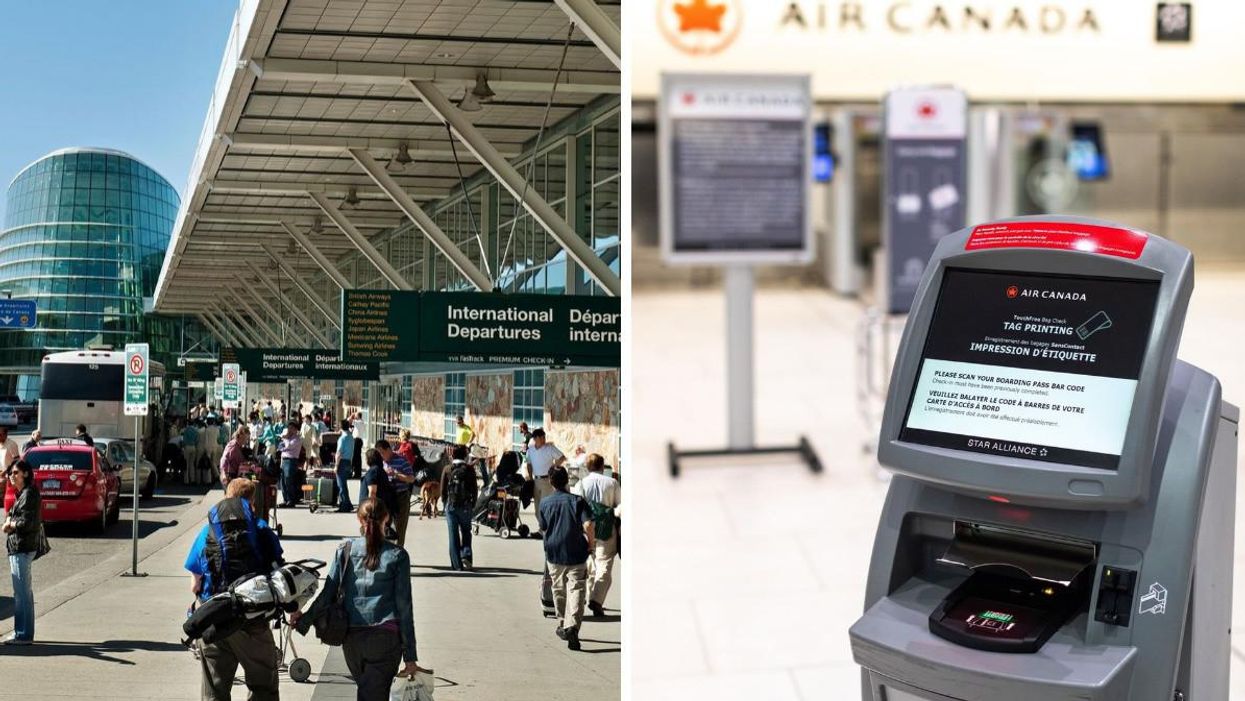 Passengers line up outside Vancouver International Airport. Right: An Air Canada ticket and luggage tag printing machine.
