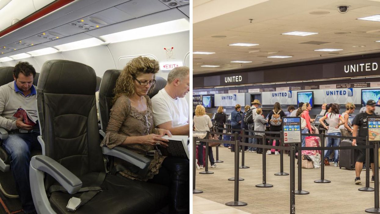 Passengers on a flight without a mask. Right: Passengers at the United Airlines counter at an airport.