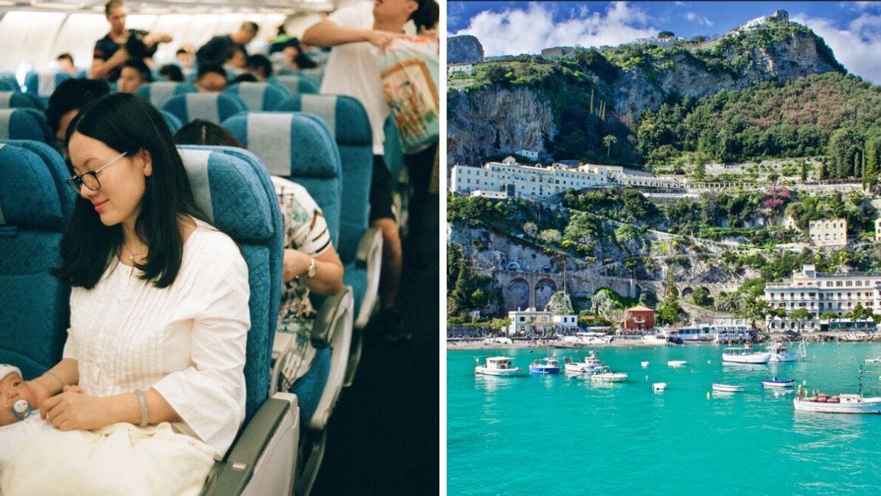 Passengers on a plane. Right: Italy.