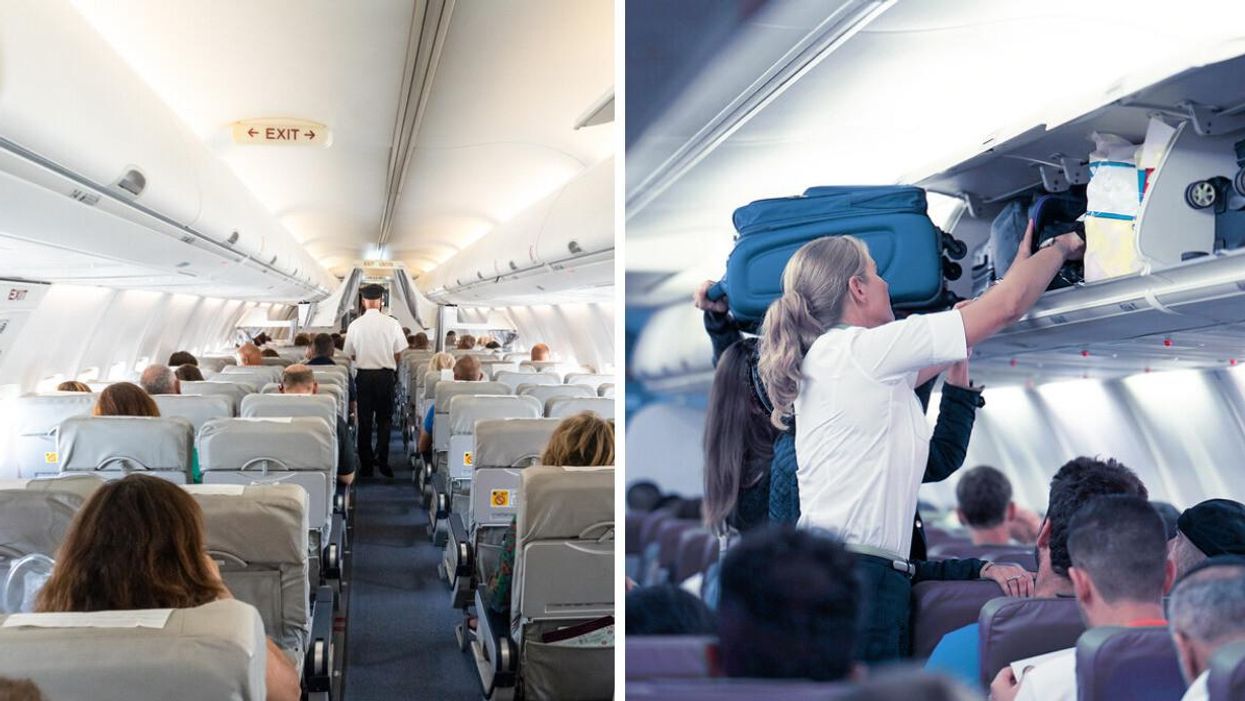 Passengers on an airplane. Right: A flight attendant helping a passenger with their luggage.
