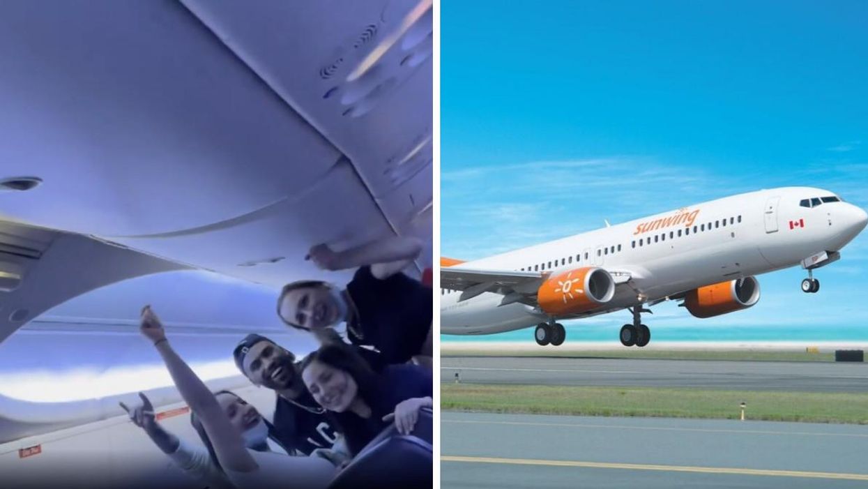 Passengers on board the Sunwing party flight. Right: A Sunwing airplane.