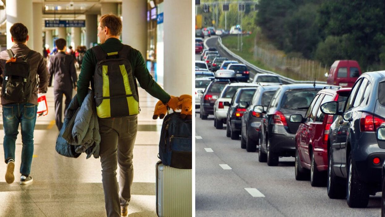 Passengers with their luggage. Right: Vehicles stuck in traffic.