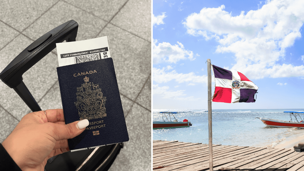 Passeport canadien. Droite : Le drapeau de la République dominicaine devant la mer.