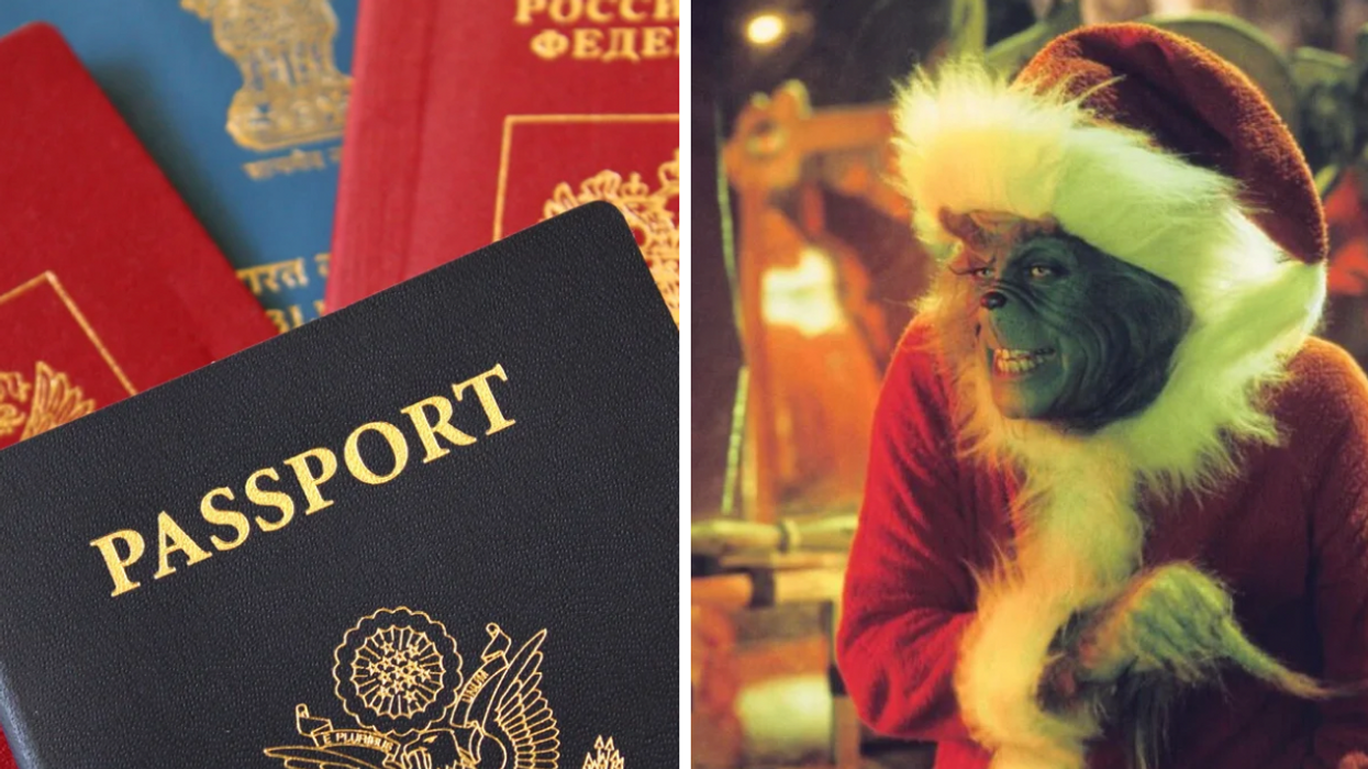 Passports from around the world. Right: Jim Carrey in 'How The Grinch Stole Christmas.'
