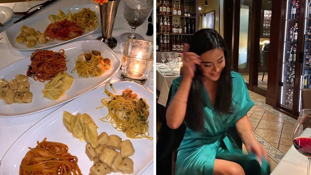 Pasta dishes at Cioppino's Mediterranean Grill. A person holding at Cioppino's Mediterranean Grill.