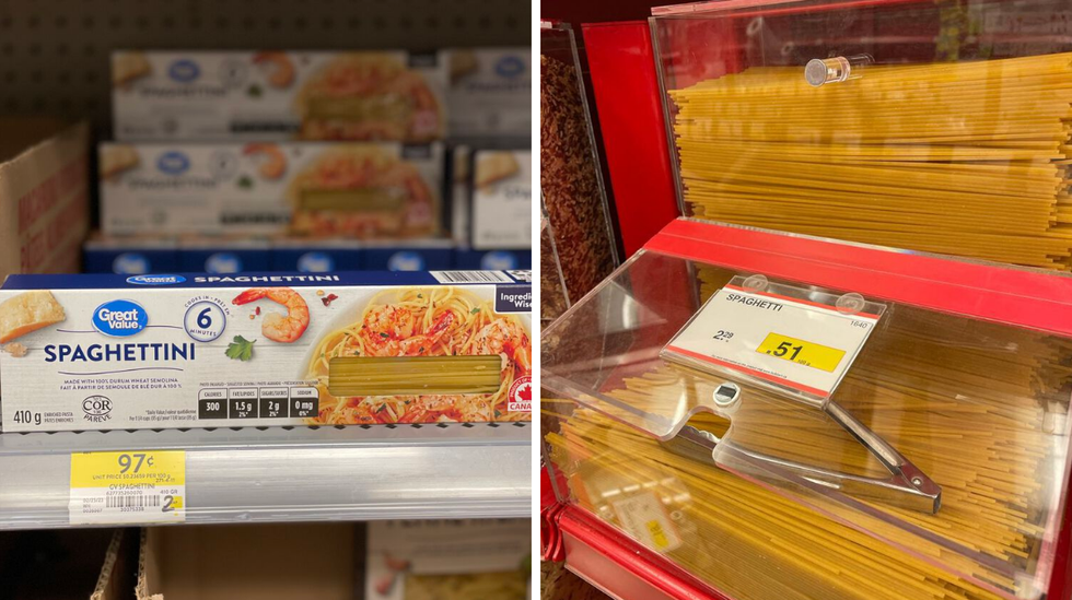 Pasta from Walmart and Bulk Barn.