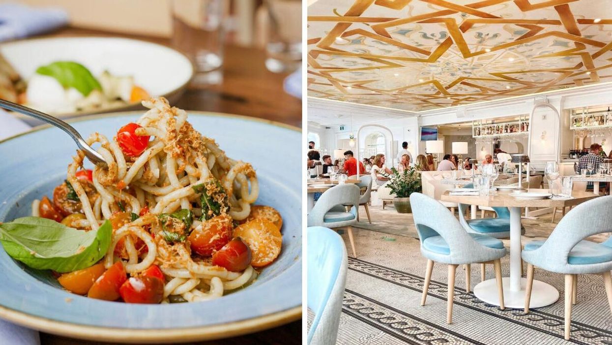 Pasta with tomatoes. Right: Restaurant with blue seating and ornate ceiling.