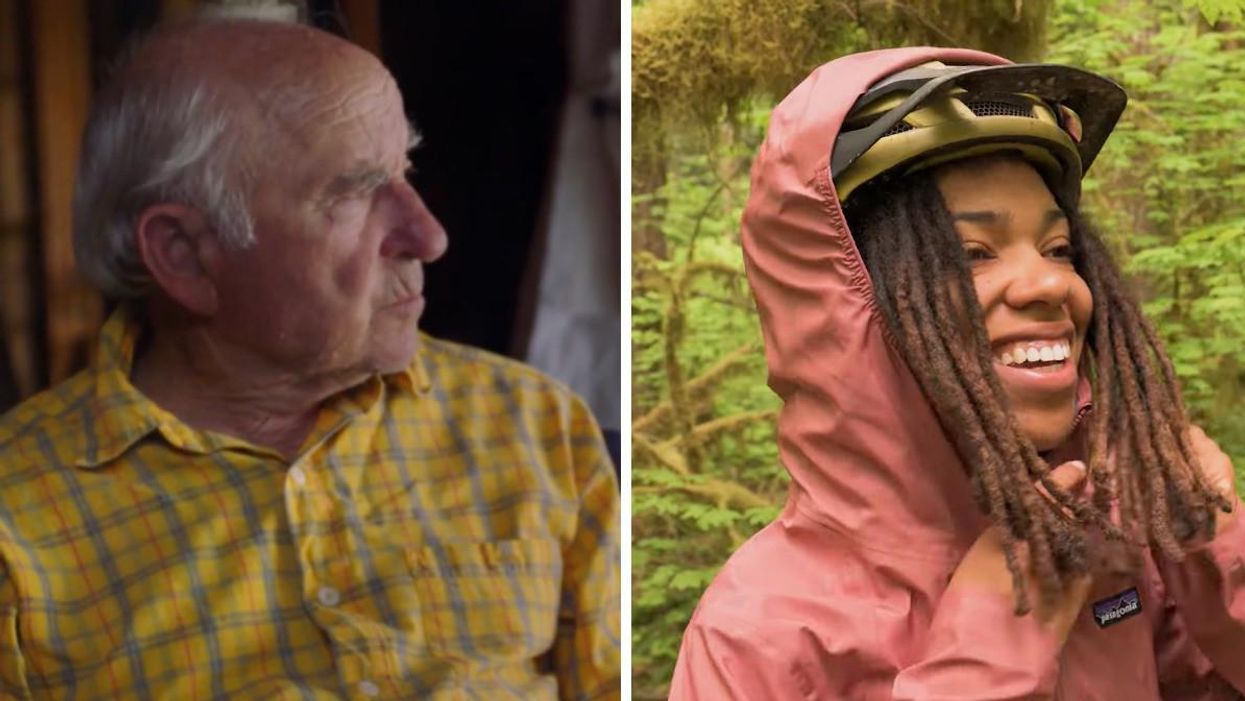 Patagonia owner Yvon Chouinard. Right: A woman modelling Patagonia gear in an ad.