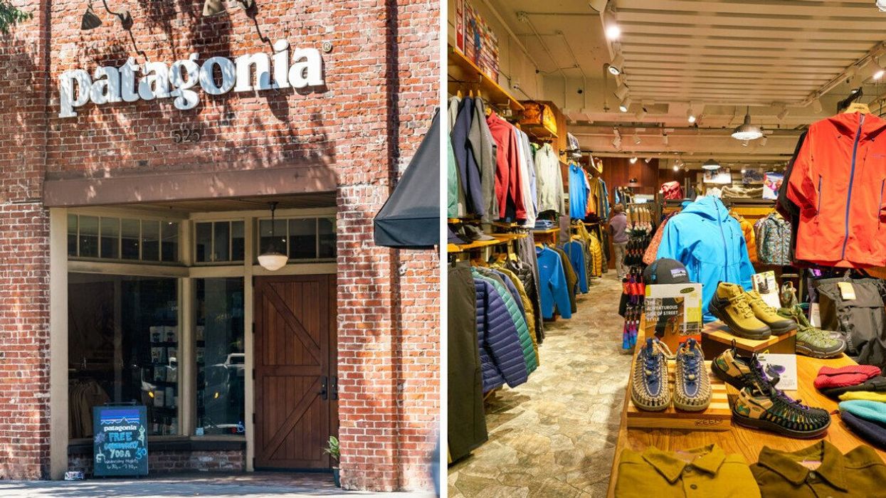 Patagonia storefront. Right: Clothing on display in a Patagonia store.