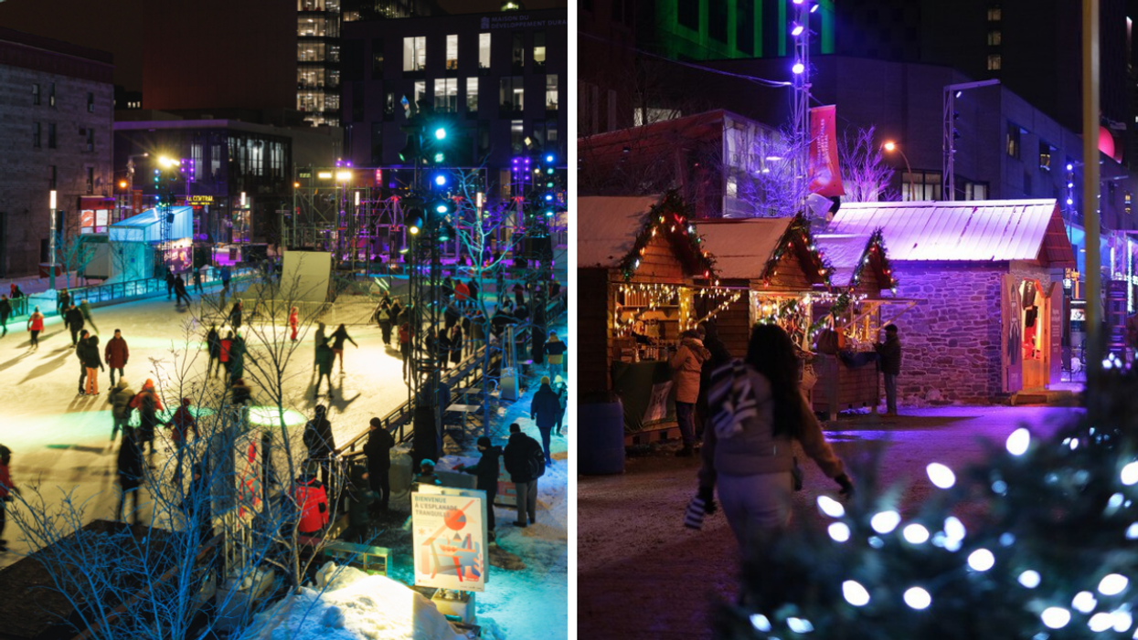Patinoire au centre-ville de Montréal. Droite : Marché de Noël de Montréal.