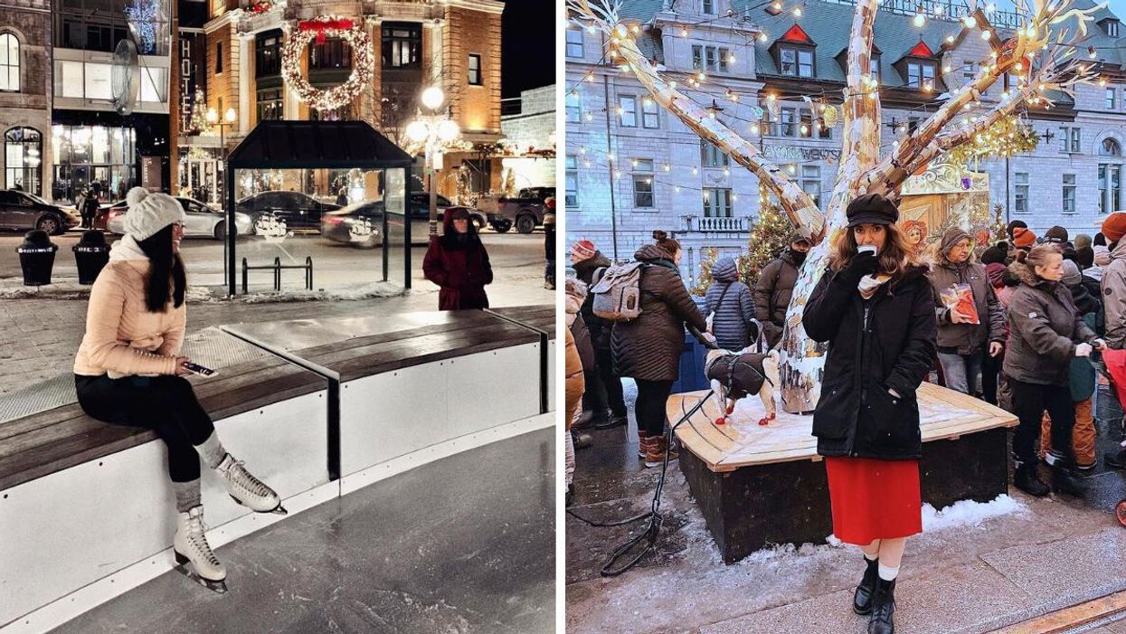 Patinoire de la place d'Youville. Droite : Marché de Noël Allemand de Québec.