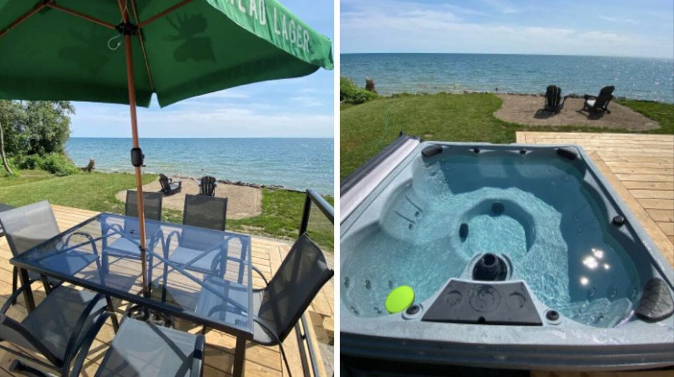 Patio area at Bianca Beach House. Right: Hot tub at Bianca Beach House.