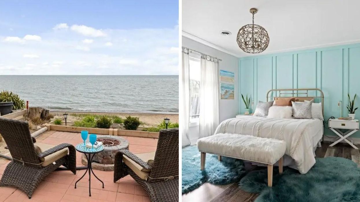 Patio overlooking beach and lake. Right: Bedroom with blue walls and furry carpet.