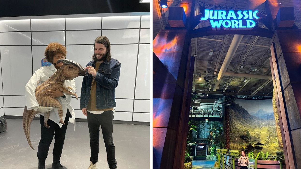 Patrick and a baby dinosaur. Right: The Jurassic World gate