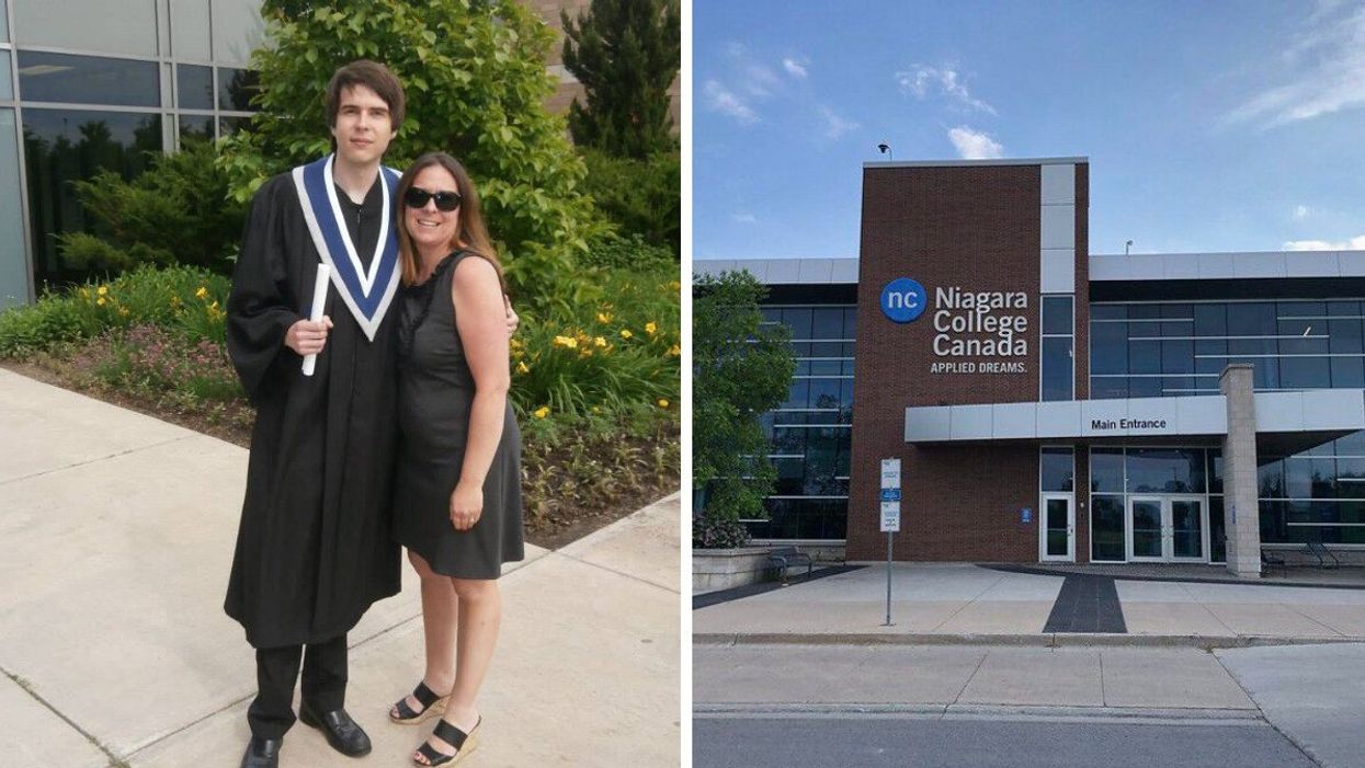 Patrick and his mother. Right: A college campus.