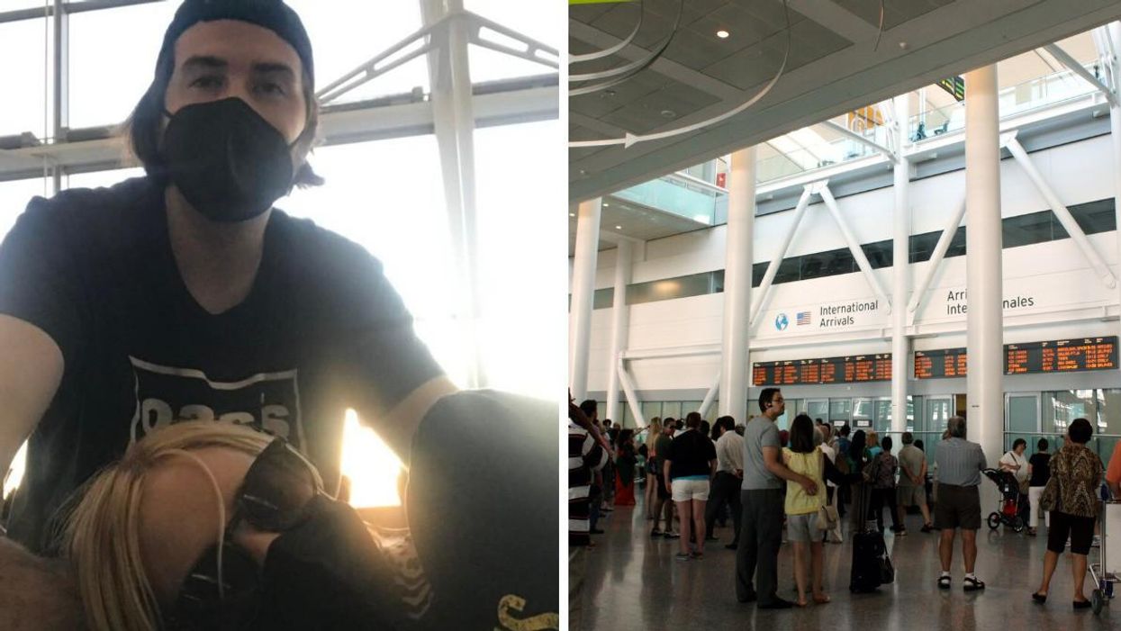 Patrick and his partner at Pearson Airport on July 2, 2022. Right: People waiting at Pearson.