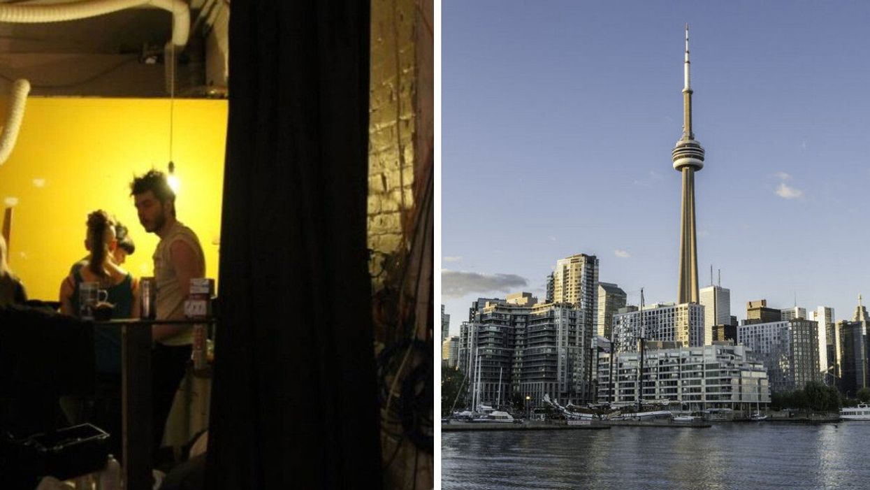 Patrick at filming location. Right: The CN tower in Toronto