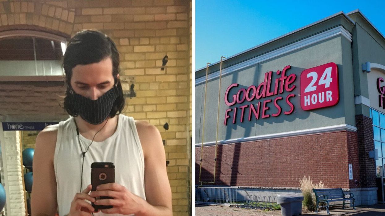 Patrick at the gym in Toronto. Right: A GoodLife fitness in Ontario.
