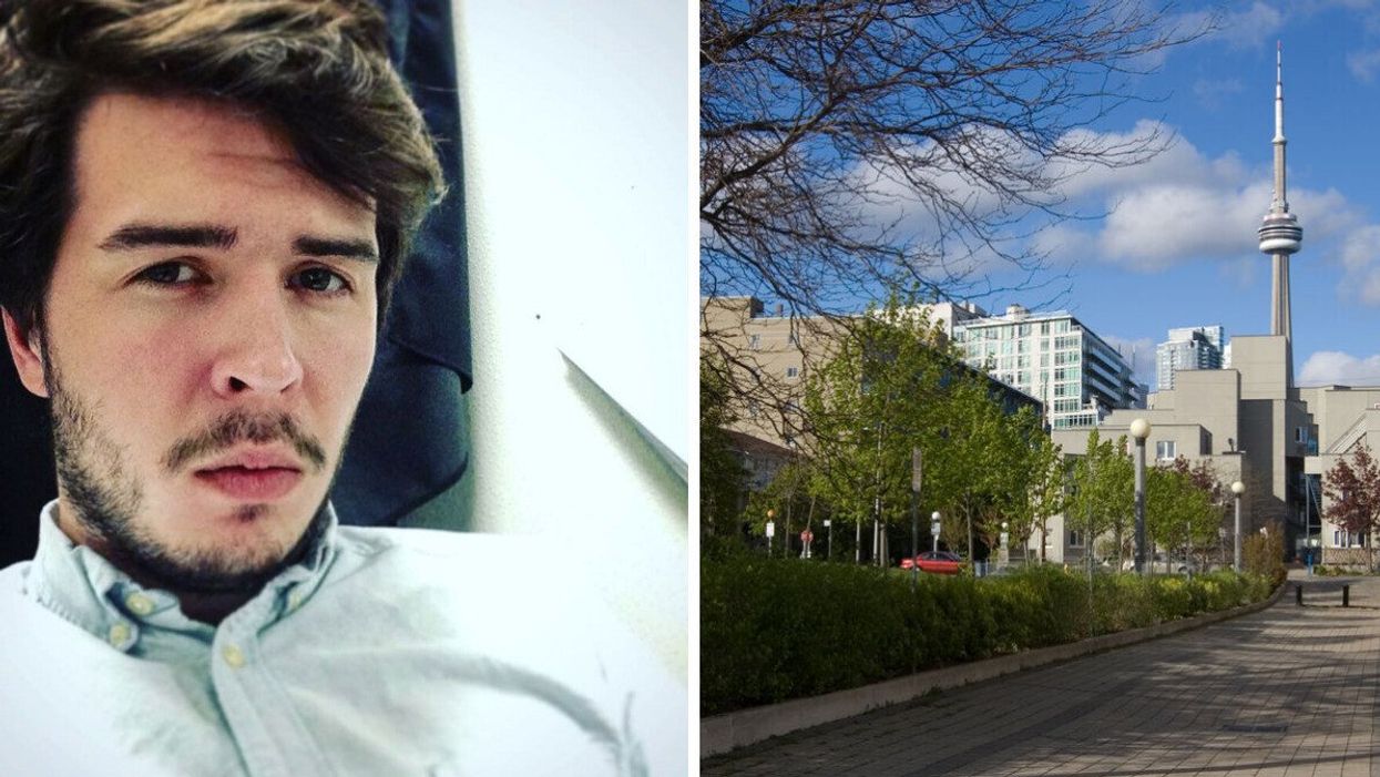 Patrick during his couch surfing days. Right: The CN Tower in Toronto.