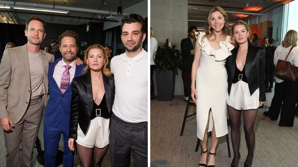 Patrick J. Adams, Jason Priestly, Elisha Cuthbert and Jay Baruchel. Right: Sarah Chalke and Elisha Cuthbert.