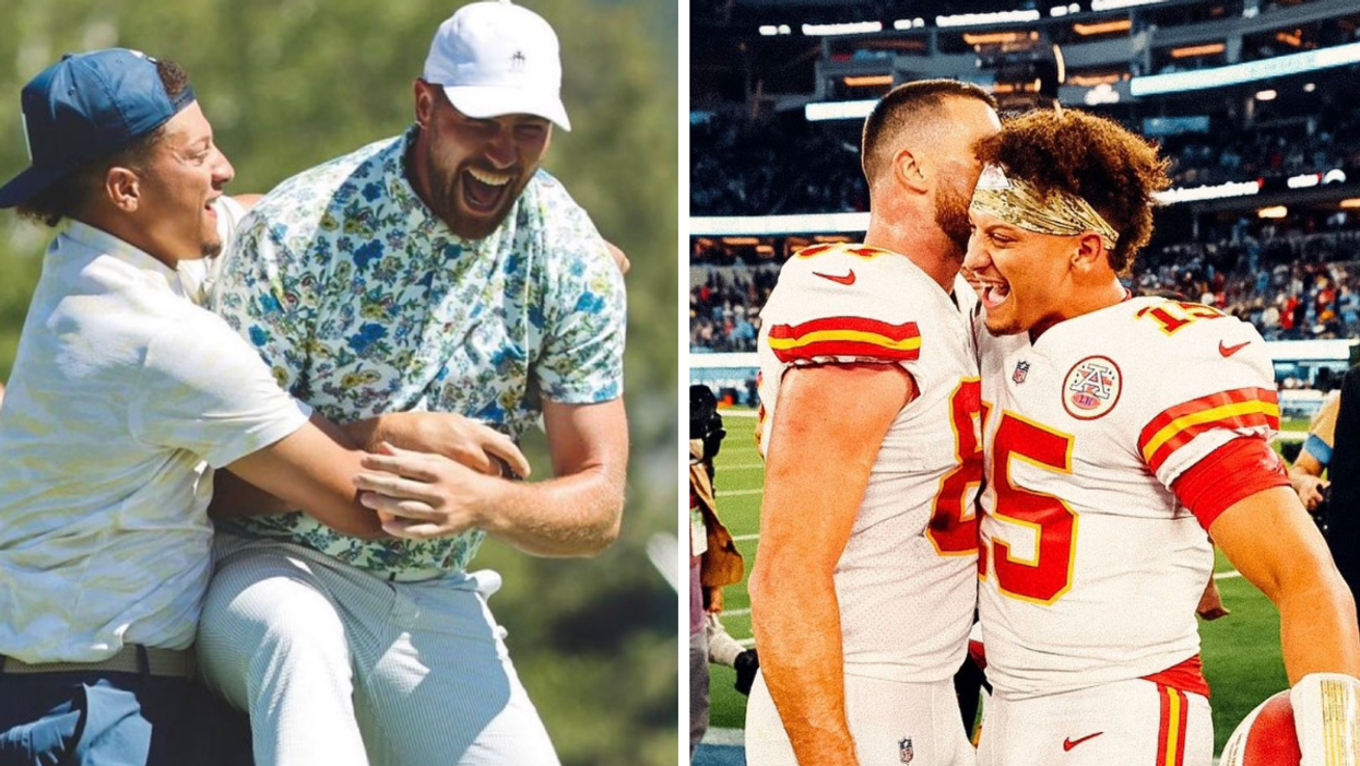 Patrick Mahomes and Travis Kelce playing golf. Right: Patrick Mahomes and Travis Kelce on the football field.