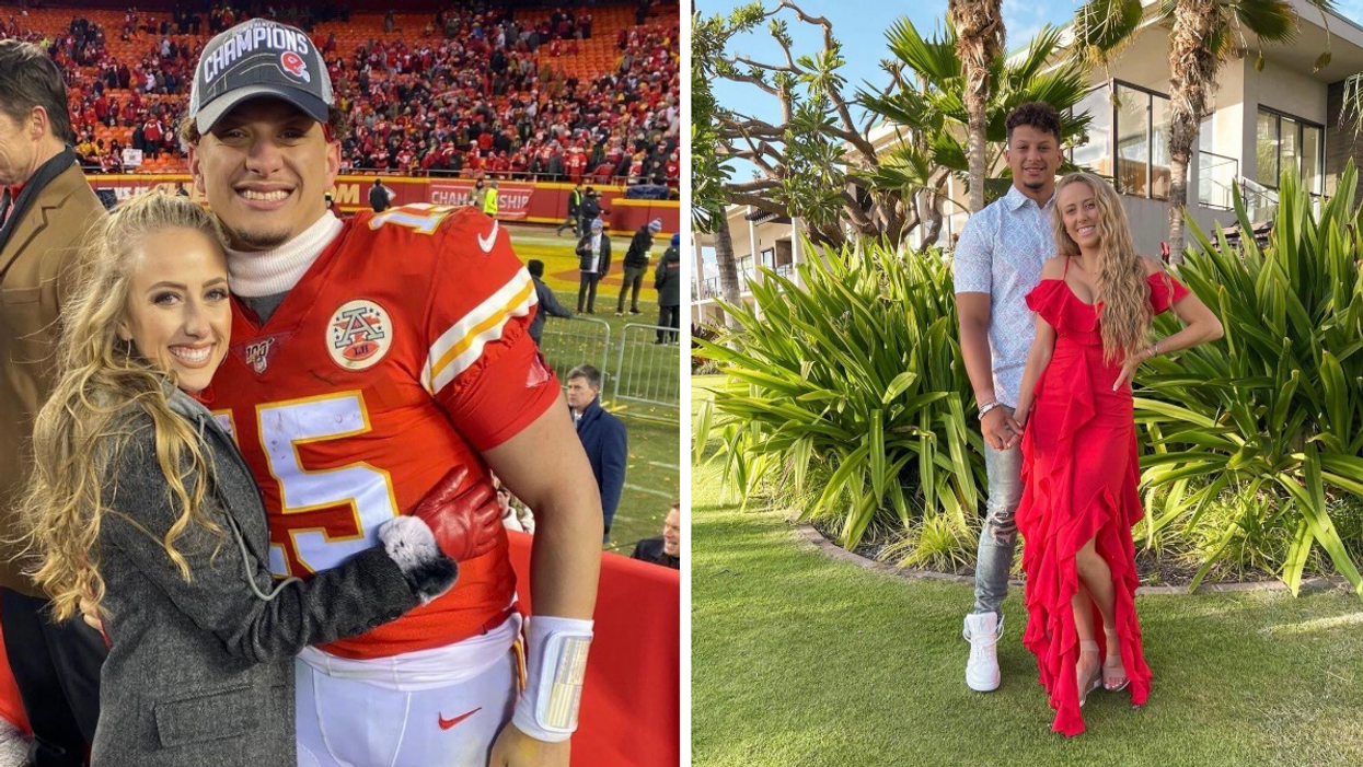 Patrick Mahomes in his Chiefs uniform and Brittany Mahomes in a grey jacket. Right: Brittany wearing a red dress, and Patrick wearing a white shirt.