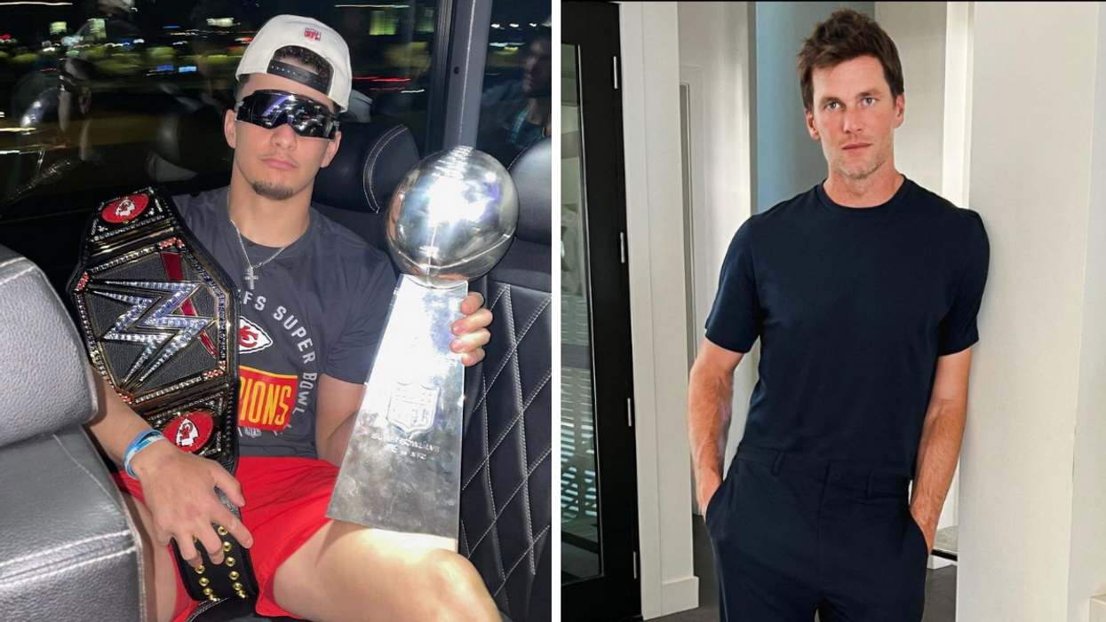 Patrick Mahomes with a trophy. Right: Tom Brady.