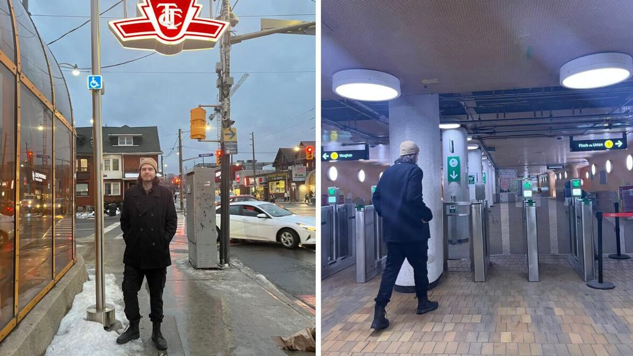 Patrick outside of Dupont Station. Right: Patrick inside a TTC station.