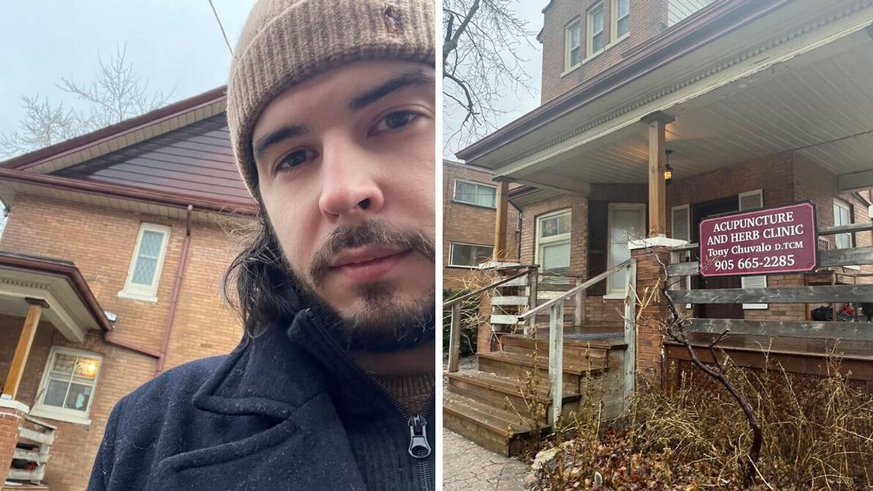 Patrick outside the medium's office. Right: The front of porch of the spot.