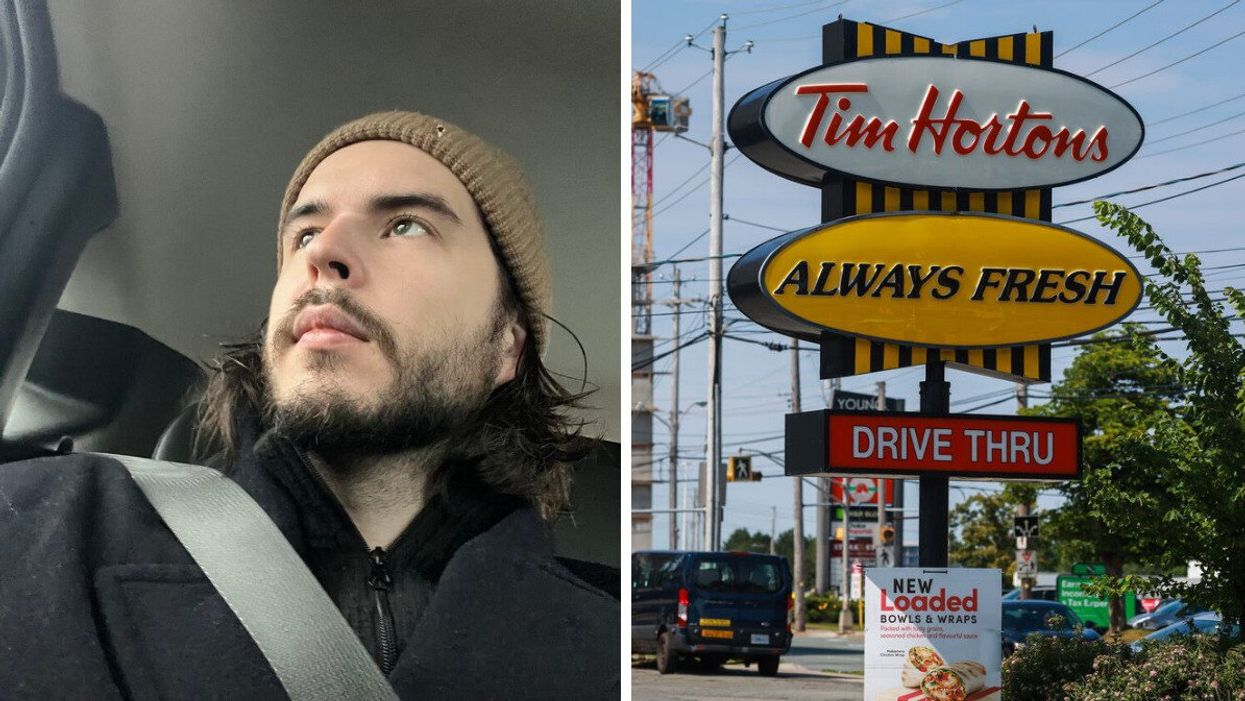 Patrick sitting in a car. Right: A Tim Hortons drive-thru.