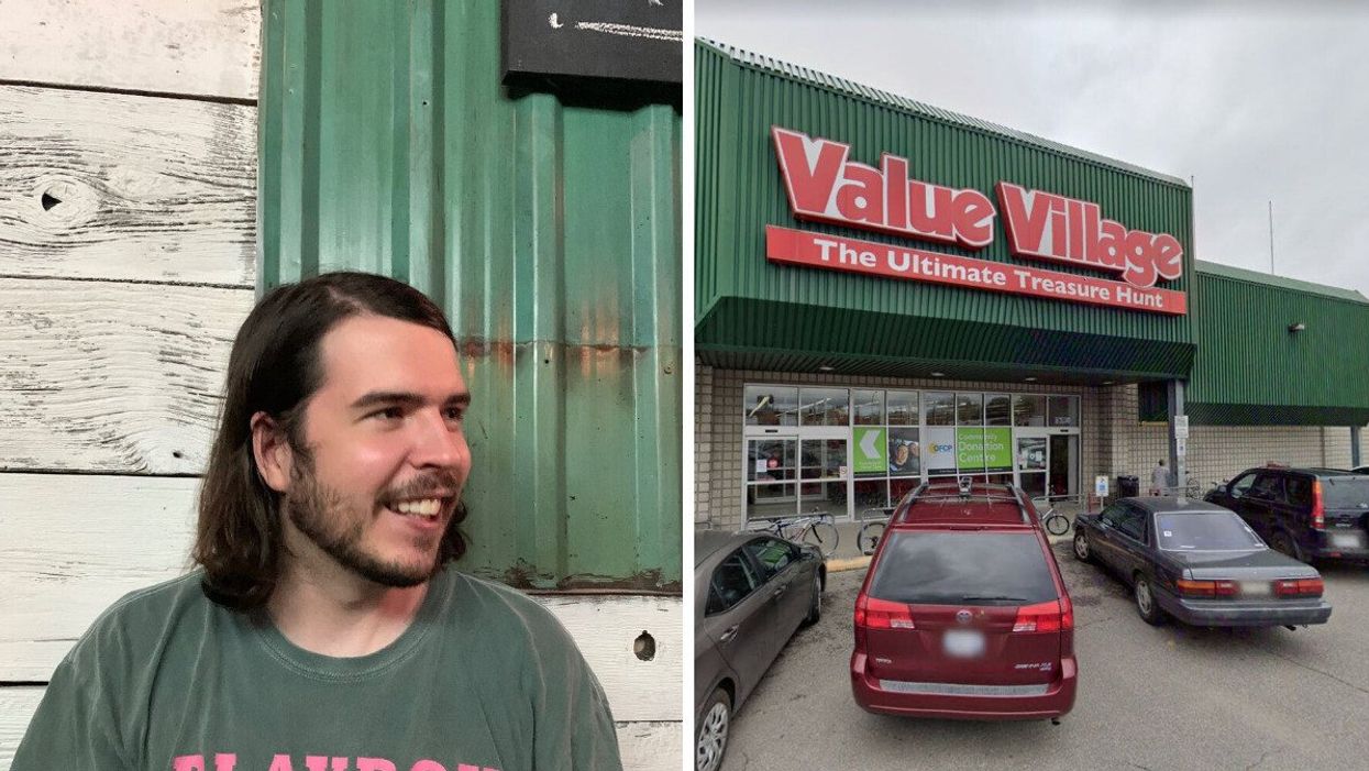 Patrick smiling. Right: A Value Village in Toronto .
