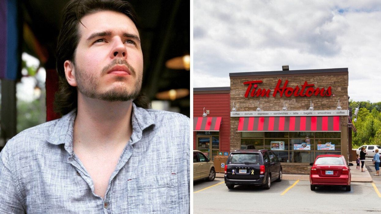 Patrick staring into space. Right: A Tim Hortons in Ontario.