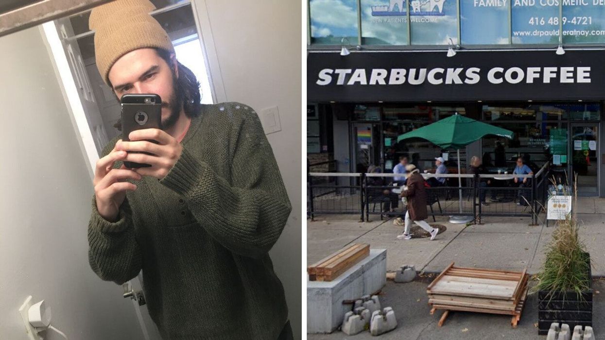 Patrick taking a photo. A Starbucks in Toronto.