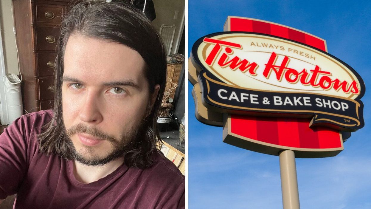 Patrick taking a selfie. Right: A Tim Hortons sign.