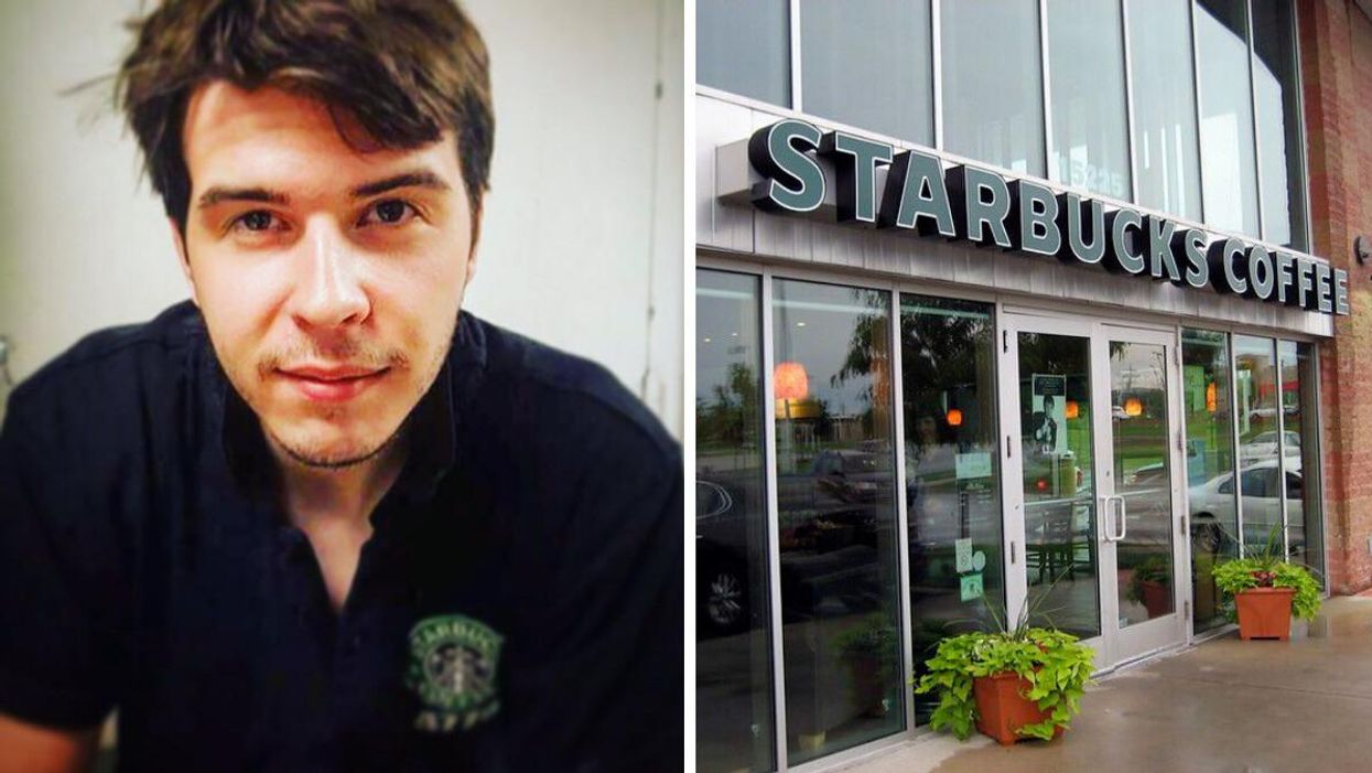 Patrick the barista. Right: Outside of a Starbucks.