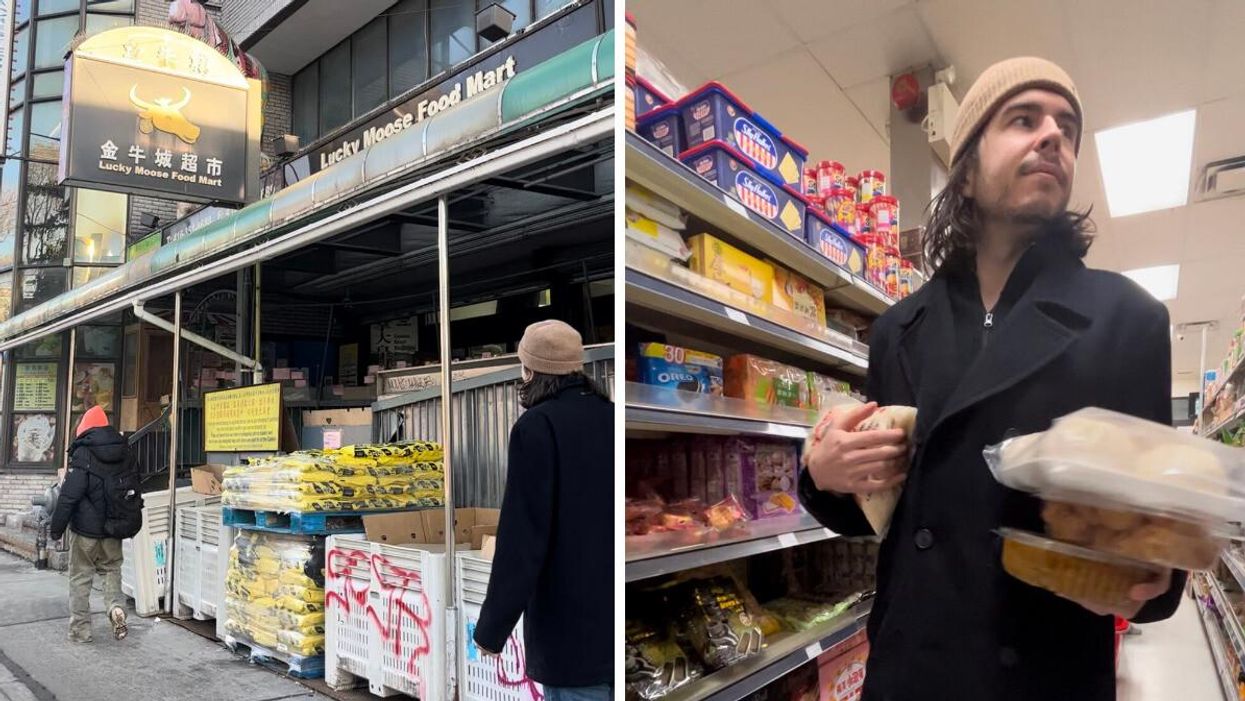 Patrick walking into the Lucky Moose Food Mart. Right: Patrick shopping for snacks