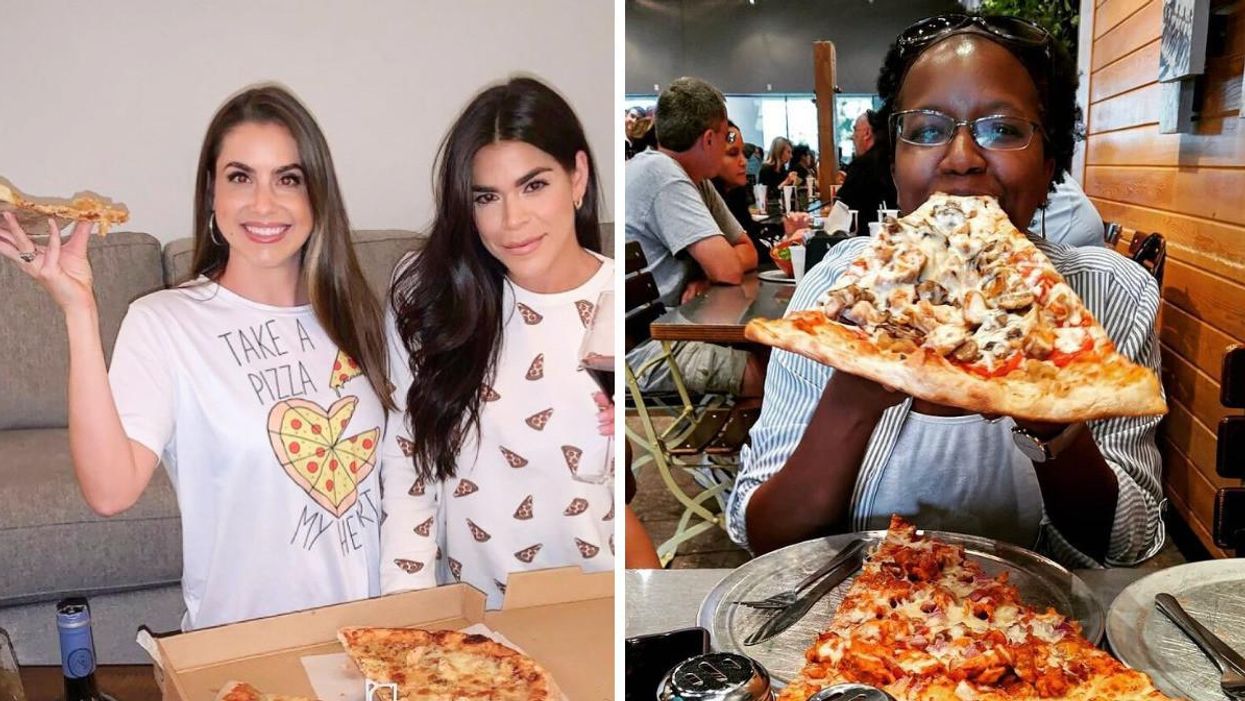Patrons having pizza from Orlando's Flippers Pizzeria. Right: A big slice being eaten at Lazy Moon Pizza.