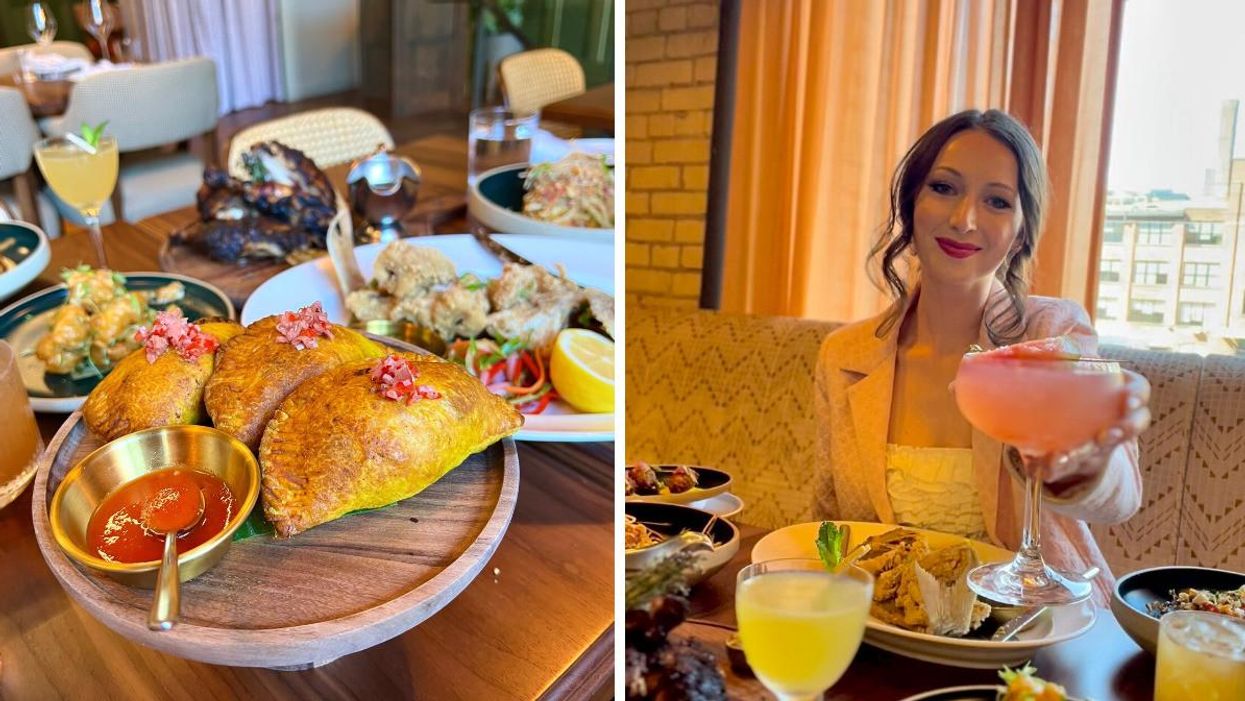 Patties and other dishes at Miss Likklemore's. Right: Madeline sitting at a table holding a drink.