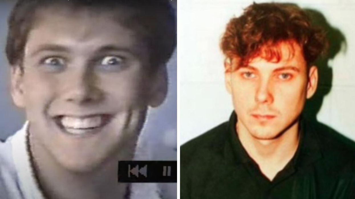 Paul Bernardo smiles, wide-eyed. Right: Paul Bernardo looks anxiously at the camera.