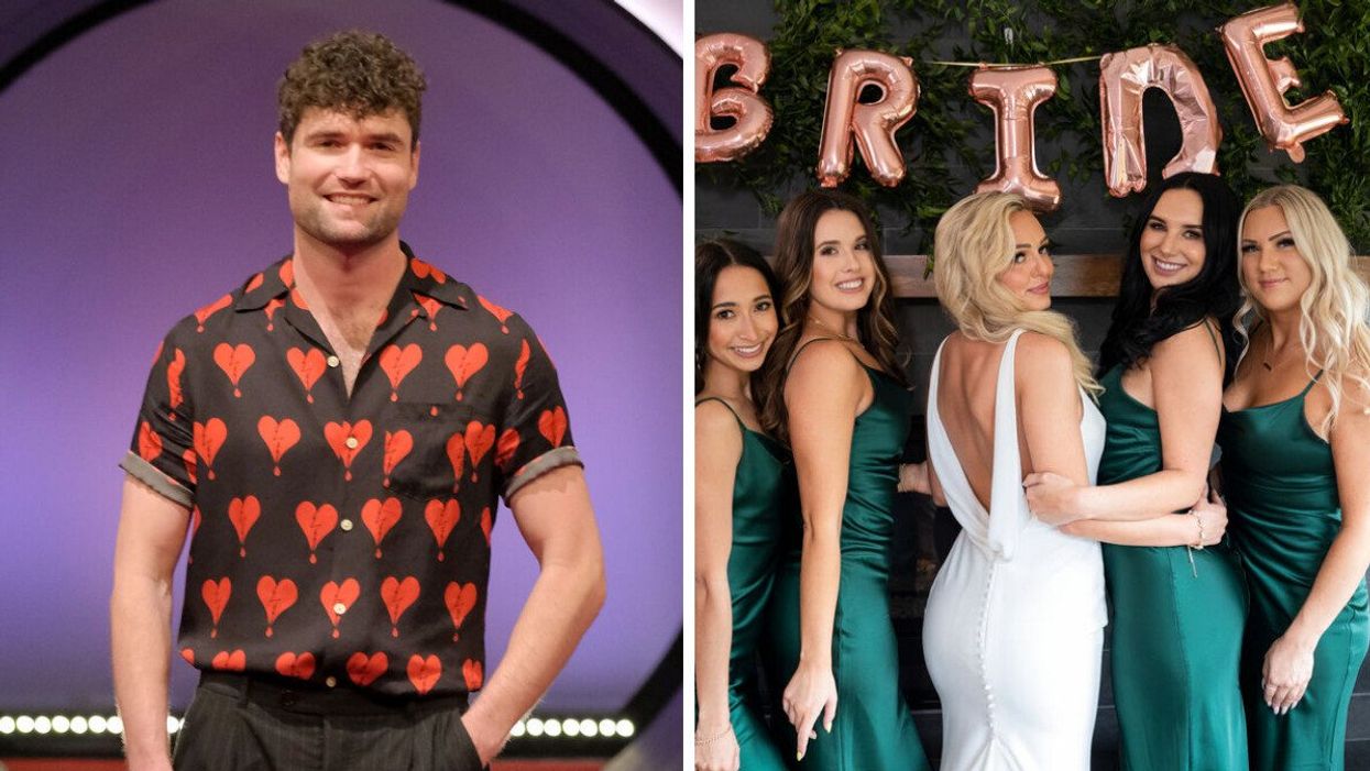 Paul Peden at the 'Love Is Blind' Reunion on April 16, 2023. Right: Micah Lussier with her bridesmaids on 'Love Is Blind.'