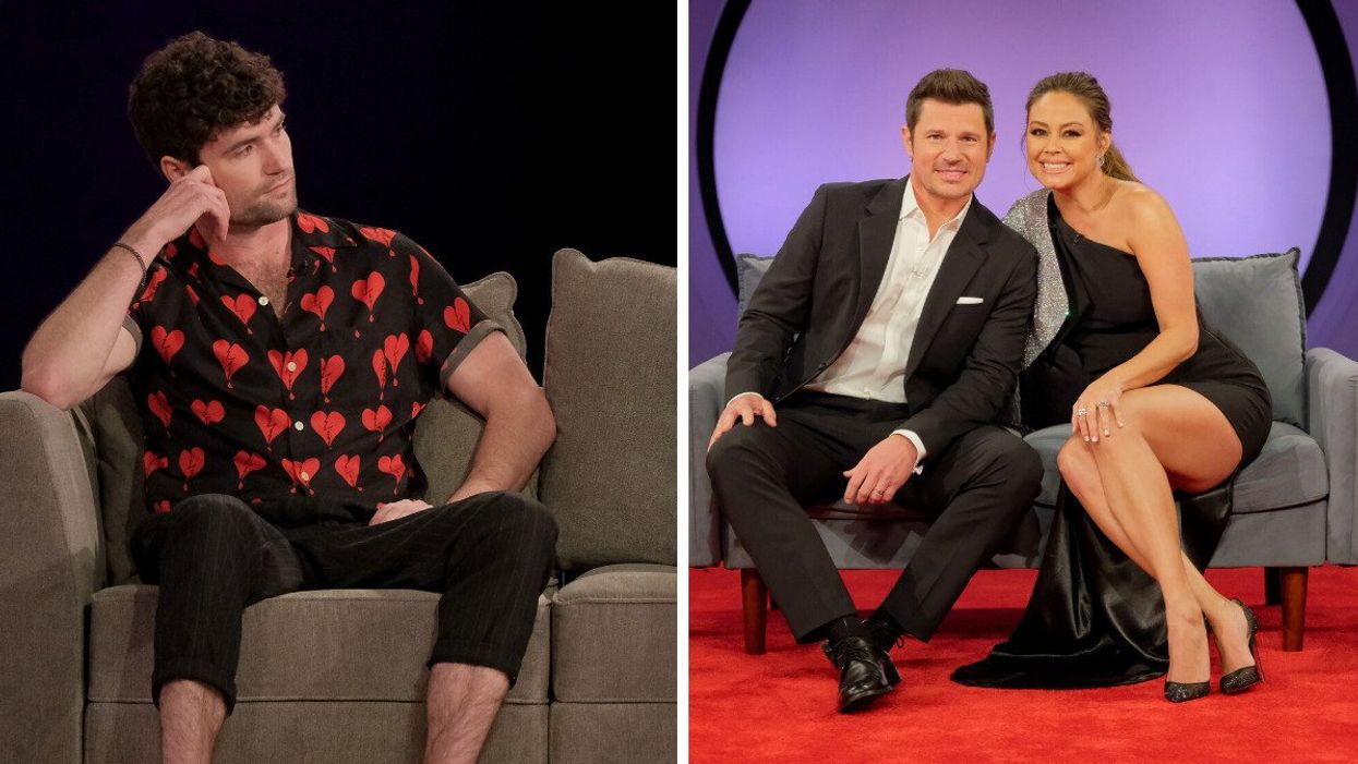 Paul Peden at the Love Is Blind Season 4 reunion. Right: Nick and Vanessa Lachey at the Love Is Blind Season 4 reunion.