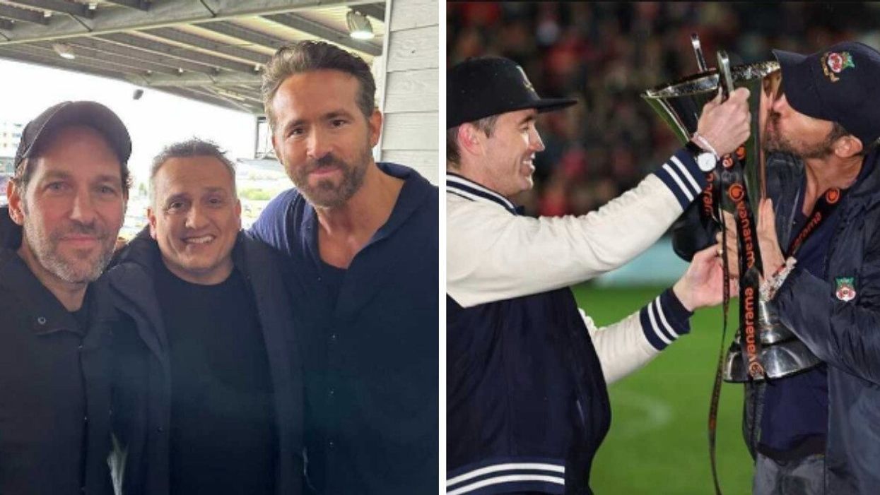 Paul Rudd, Joeseph Russo and Ryan Reynolds at Wrexham AFC match. Right: Rob McElhenney and Ryan Reynolds celebrating Wrexham's win.