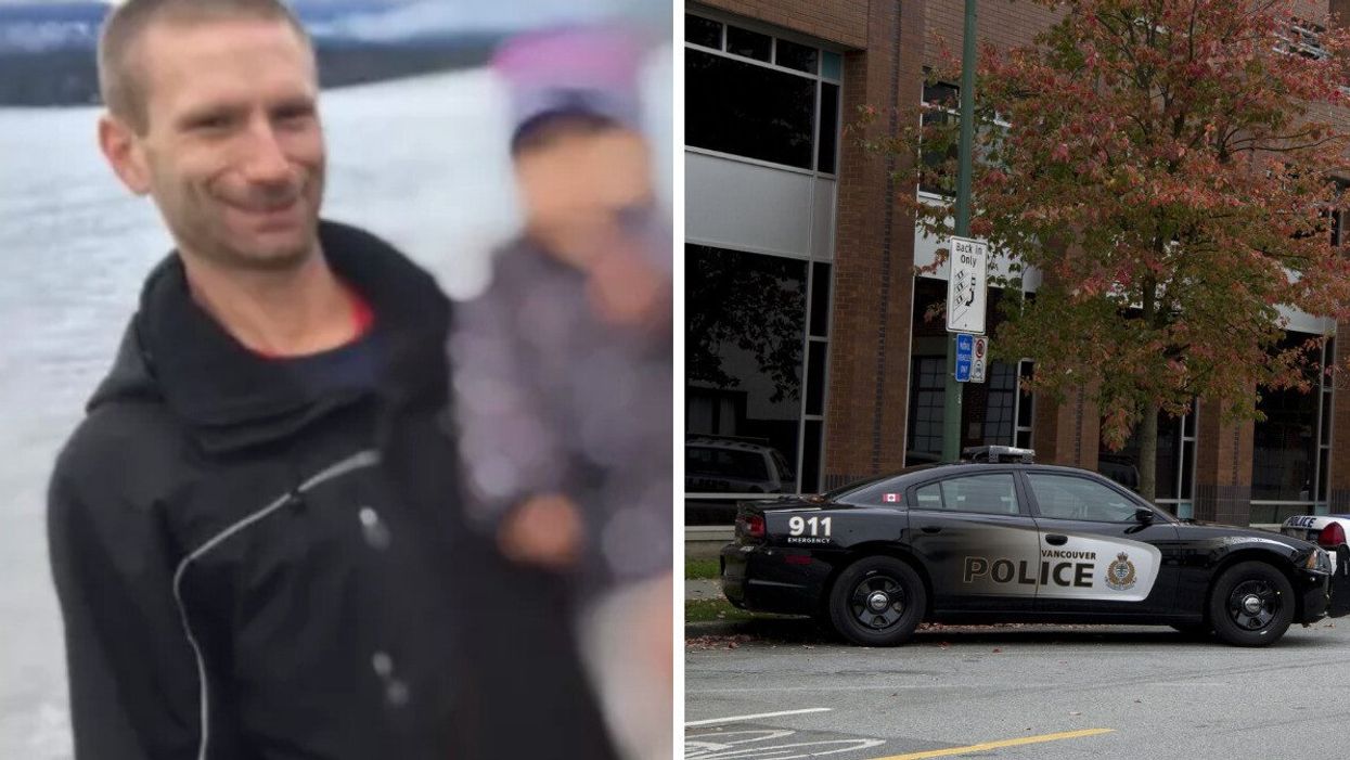Paul Schmidt was stabbed in an incident outside a Starbucks in Vancouver. Right: A Vancouver police vehicle.