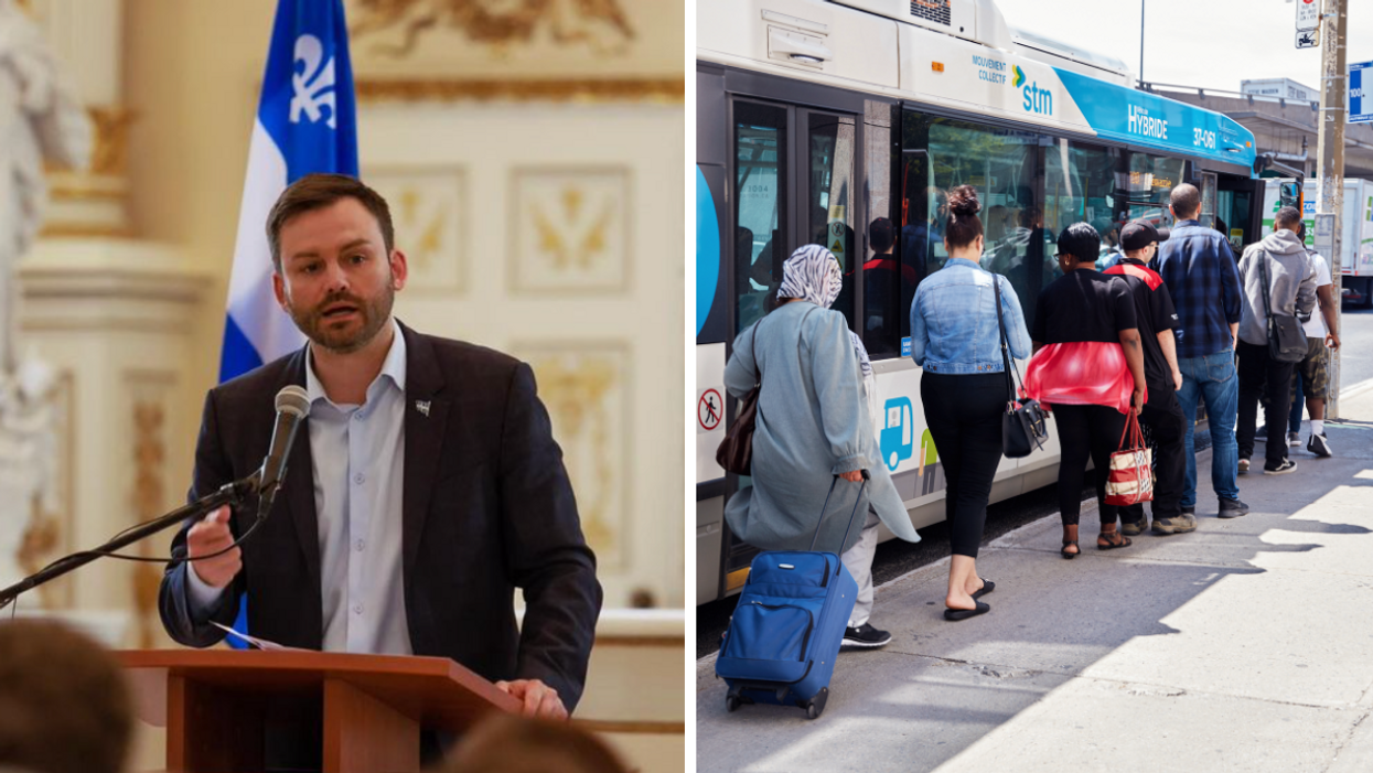 Paul St-Pierre Plamondon. Droite : Un bus de la STM.