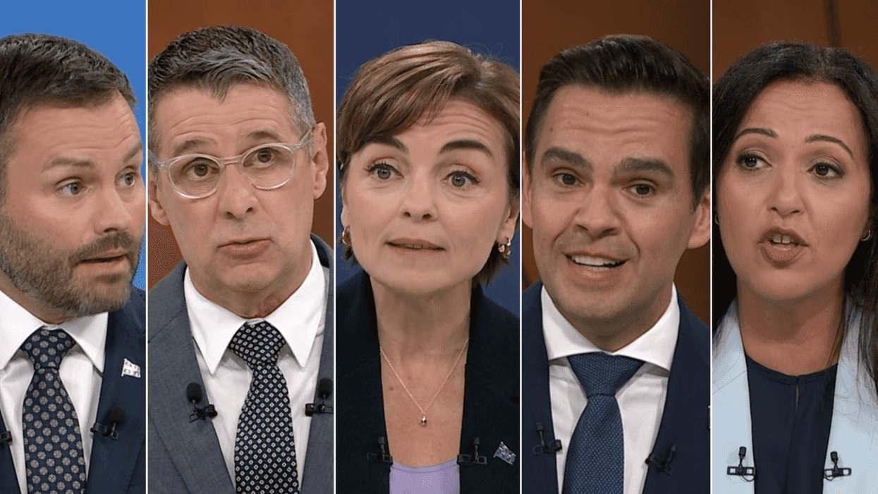 Paul St-Pierre Plamondon du Parti québécois (PQ), Éric Duhaime du Parti conservateur du Québec (PCQ), Christine Fréchette de la Coalition avenir Québec (CAQ), Charles Milliard du Parti libéral du Québec (PLQ) et Ruba Ghazal de Québec solidaire (QS)
