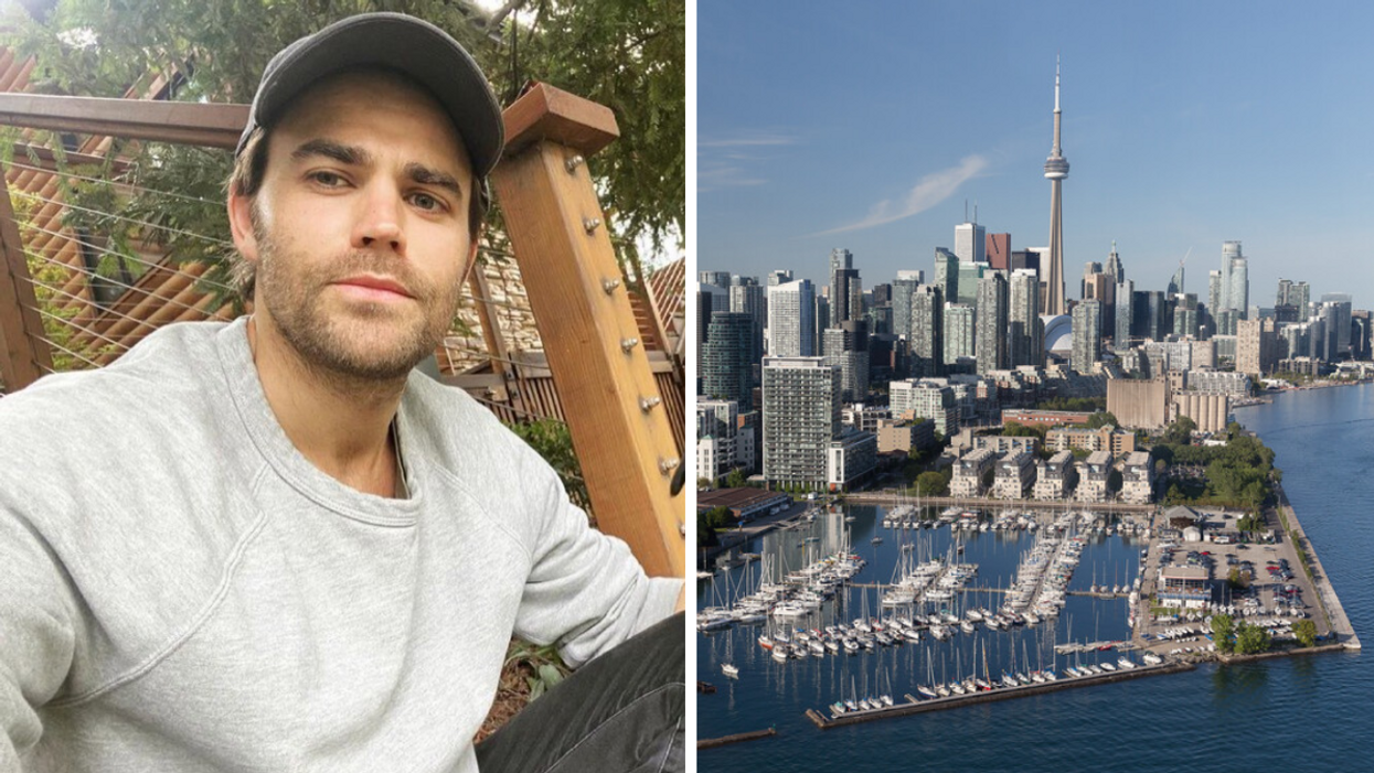 Paul Wesley taking a selfie. Right: Toronto city landscape.
