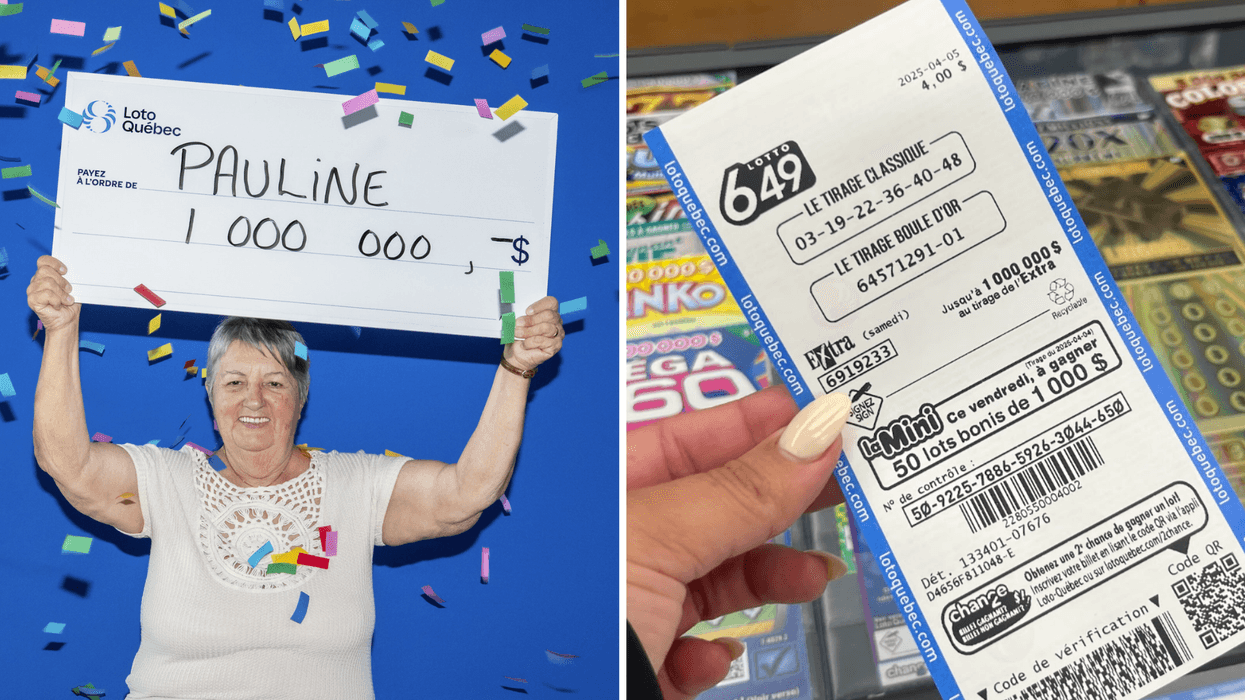 Pauline Lafontaine Gravelle. Droite : Un billet de Lotto 6/49.