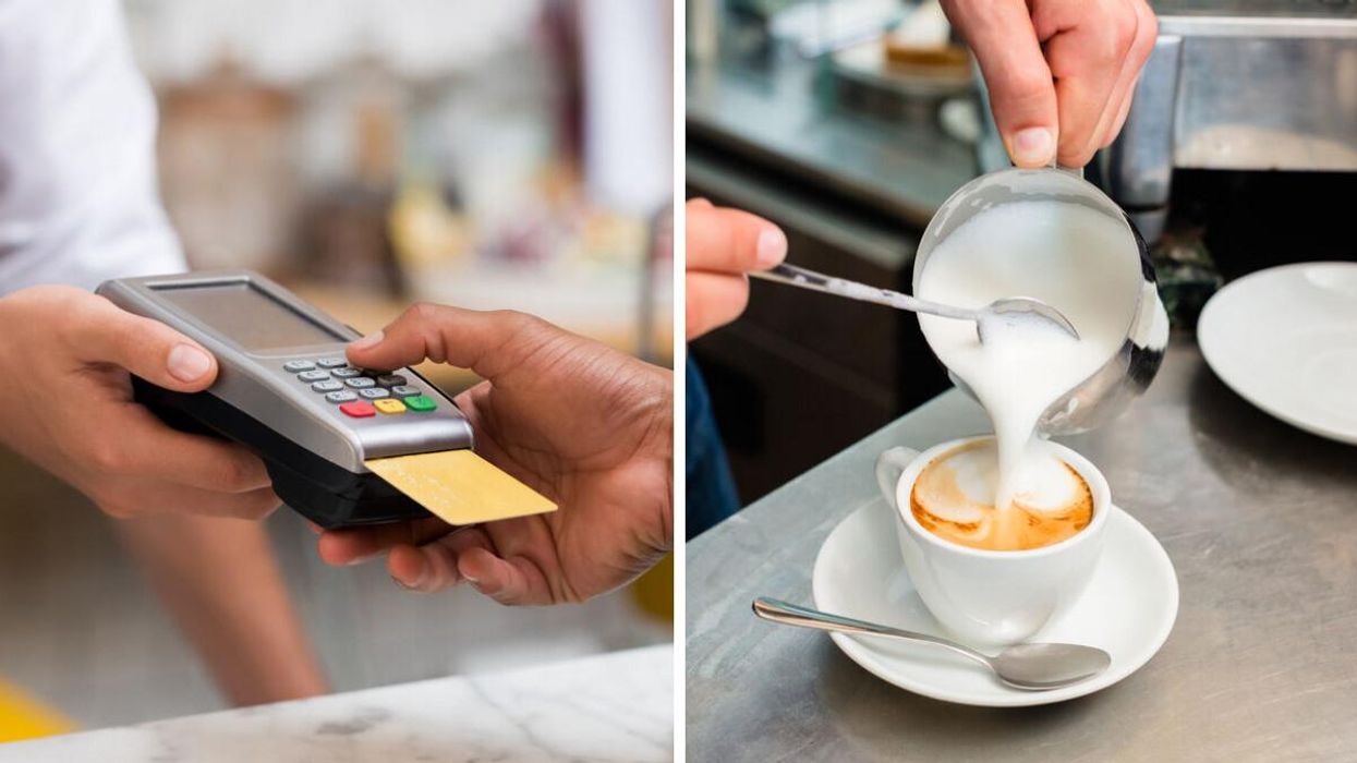 Payment terminal. Right: Pouring milk into an espresso cup.