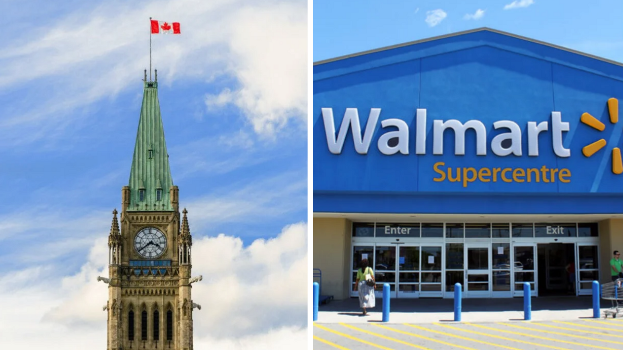 Peace Tower of the Centre Block in Ottawa, Ontario. Right: A Walmart in Ontario.
