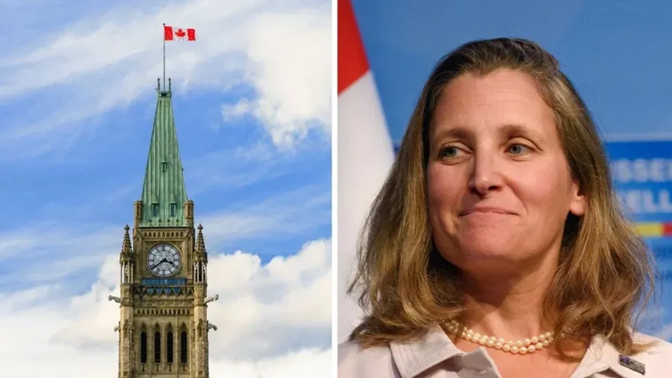 Peace Tower of the Centre Block in Ottawa, Ontario. Right: Canadian Minister of Finance Chrystia Freeland.